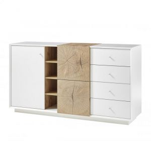 Image de Inside75 Buffet haut MARKUS 152 cm laqué blanc mat et décor chêne 2 portes 4 tiroirs 4 niches - blanc