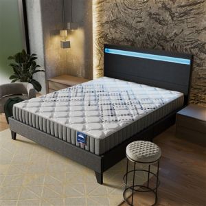 Ensemble 140x190cm-Matelas ressorts ensach&eacute;s + Lit avec T&ecirc;te de lit LED et sommier &agrave; lattes, Matelas 20cm d&rsquo;&eacute;paisseur