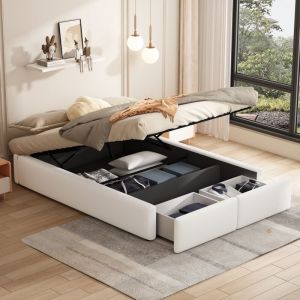 Wishdor - Lit avec tiroirs Lit adulte double Lit coffre 140 x 200 cm avec 2 tiroirs, sans tête de lit, blanc