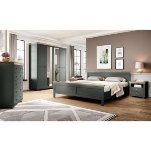 Chambre à coucher ASSIA : Armoire 200cm, Lit 160x200, commode, chevets. Coloris vert kaki et chêne. - Vert