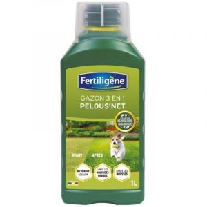 Fertiligene FGAZLIQ1 - Engrais Liquide Gazon 3 en 1 Pelous'Net 1 L - Reverdit le gazon - Limite mauvaises herbes et l'apparition des mousses - Avec bouchon doseur - Pour 67 m² - Fabriqué en France