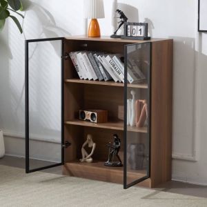 Vitrine en verre noir avec étagères à 4 niveaux, vitrine de collection multifonctionnelle sur pied 32x106x80cm - Noyer naturel