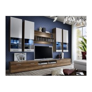 Meuble TV Mural Design "Dorade" 300cm Prunier & Blanc