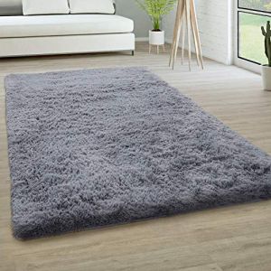 Tapis De Salon Poils Longs Fausse Fourrure Shaggy Moelleux Monochrome, Dimension:160x220 cm, Couleur:Gris