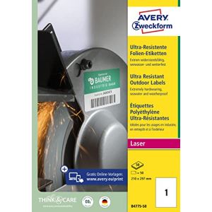 AVERY Zweckform B4775-50 Lot de 50 feuilles d'&eacute;tiquettes en film r&eacute;sistant (210 x 297 mm sur A4, extr&ecirc;mement puissantes, pour surfaces difficiles, film adh&eacute;sif imprimable), 50 feuilles, blanc