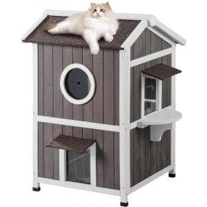 Niche deexterieur resistante aux intemperies pour chats, abri spacieux en bois a deux niveaux pour chats sauvages, equipe deentrees, de rideaux en