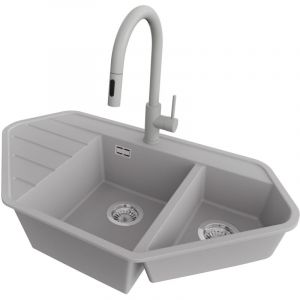 PRIMAGRAN Evier d'angle en Granit 90x50cm,Lavabo Cuisine 1,5 bacs + Robinet 40x20cm + Kit de Vidage, &Eacute;vier &agrave; Encastrer au meuble 70cm - Copenhague