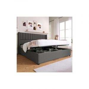 Lit double 160x200 rembourré avec coffre hydraulique, sommier à lattes en bois et lin, gris
