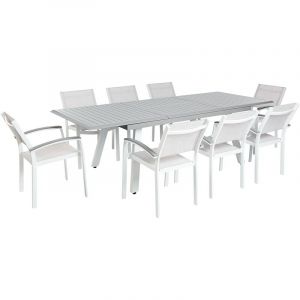 Beliani Table de Jardin et 8 Chaises en Aluminium Bois et Textile Blanc et Gris Ensemble de Repas Pereta