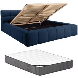 Pascal Morabito Lit coffre 160 x 200 cm - Tissu - Bleu nuit + Matelas - forvik ii de