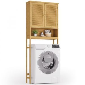 Meuble pour Machine &agrave; Laver Bealife avec 1 Compartiment Ouvert 2 Portes &Eacute;tag&egrave;res R&eacute;glables ou pour WC Naturel 66 x 22.5 x 169cm