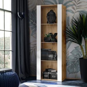Vitrine Armoire Tivoli, Blanc/Wotan, Largeur 55cm x Hauteur 159cm x Profondeur 35cm, 3 étagères, sans led, pour Salon, Chambre, Entrée - Komodee