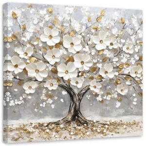 Tableau sur toile Arbre de vie avec fleurs blanches dor&eacute;es 50x50