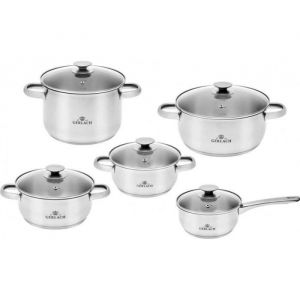 Gerlach 1760 Lot De 5 Casseroles Faitouts En Inox Tous Feux Dont Induction Couvercles En Verre Ø16 / Ø18 / Ø20 / Ø22 / Ø24 cm Passe Au Lave-vaisselle First