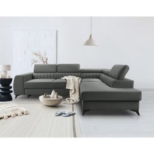 Aneta - canapé d'angle droit 5 places - convertible avec coffre et têtières - en velours - Gris
