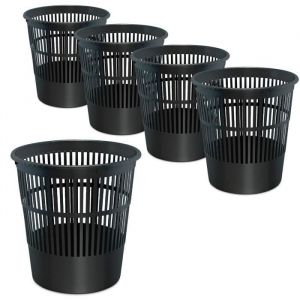 Waytex Lot de 5 Poubelles de bureau noir – Corbeilles à papier en plastique ajouré pour bureau, chambre– Contenance 16L – Couleur Noir