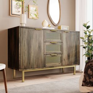 Commode à 3 tiroirs avec 2 portes, poignées en métal, pour salon, chambre, marron foncé, marron foncé