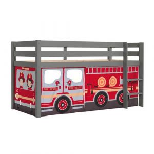 Lit Mi-Haut en Pin Laqu&eacute; Gris 90x200cm Housse Pompiers - SLEEPY - ALTOBUY