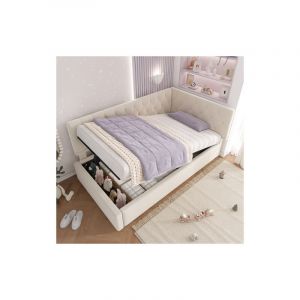 Lit coffre 90x200 lit simple d'enfant, canap&eacute; convertible avec rangement et sommier &agrave; lattes en bois, en velours, beige, sans matelas