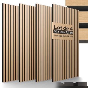 Arebos Lot de 4 Panneaux Acoustiques 120&times;60 cm | Panneaux Muraux &agrave; Lattes Aspect Bois pour Mur & Plafond | Haute Absorption Acoustique | Installation Facile & D&eacute;coupable