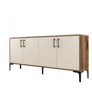 Menzzo Buffet bas 4 portes Vranus 180cm Bois Naturel et Blanc cr&egrave;me et M&eacute;tal Noir