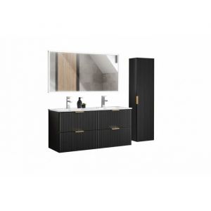 Meuble sous vasque 120 cm + double vasque encastr&eacute; + syphon + colonne de sdb suspendue + Grand miroir rectangulaire avec LED