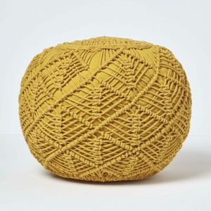 Pouf tressé en macramé jaune moutarde, 35 x 40 cm - Jaune moutarde - Homescapes