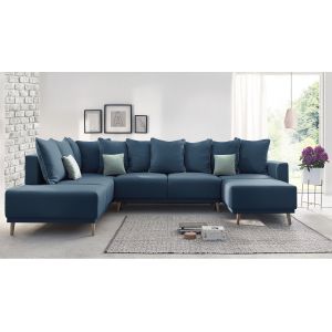 Image de Bobochic MOLA Canapé d'Angle Droit Panoramique Convertible XXL 7 places + Coussins Bleu Marine 324x90x215/164/94 cm