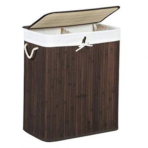 Songmics Panier à Linge avec Couvercle, Corbeille à Linge en Bambou, 2 Compartiments de tri, Sac Amovible, poignées en Coton, Volume 100L, pour buanderie, Chambre, Marron LCB72Z