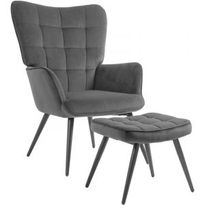 Homcom Fauteuil lounge style scandinave avec repose-pied assorti piètement incliné effilé métal noir aspect velours gris