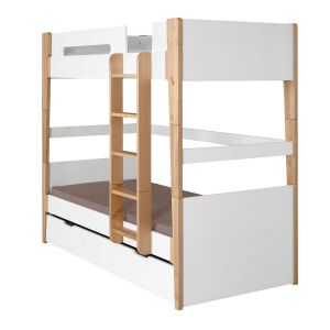 Lit superpos&eacute; modulable gigogne bois massif blanc et bois 90x190 cm