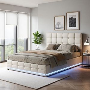 Lit 140x190 cm, ORLDU, avec LED, contemporain, lit double, cadre de lit 140x190 cm, 280 kg, PU, Blanc