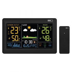 EMOS Station m&eacute;t&eacute;o sans fil avec &eacute;cran couleur et capteur ext&eacute;rieur, thermom&egrave;tre, hygrom&egrave;tre, barom&egrave;tre, pr&eacute;visions m&eacute;t&eacute;o, date et heure, r&eacute;veil, indicateur Smiley, bloc d'alimentation inclus
