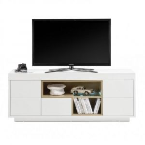 Image de Inside75 Meuble TV CLEO 169 cm blanc laqué mat 2 portes 1 tiroir 2 niches décor chêne