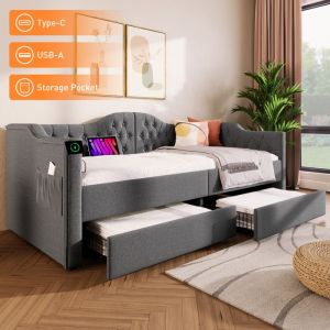 Lit simple 90x190 cm Lit coffre 1 personne Cadre de lit avec chargeur USB Type C et 2 tiroirs, lin gris (matelas non inclus)
