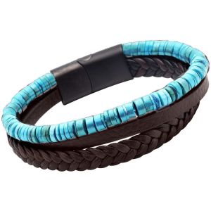 Bracelet Cuir Noir Lisse Et Tress&eacute; Avec Perle De Heishi Turquoise