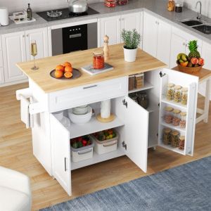 Desserte de cuisine 132.5x44-70x90cm - Chariot de service avec plateau rabattable, avec roulettes et pieds en bois - Blanc