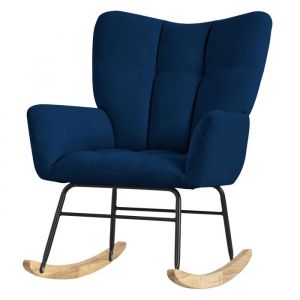 Ml-design - Fauteuil à Bascule Bleu Foncé, avec Housse en Tissu Éponge, Structure en Acier, Pieds en Bois Naturel, Chaise de Relax, Fauteuil de