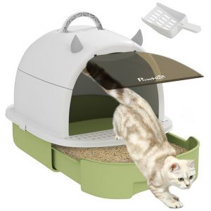Pawhut Bac à litière fermé chat - 2 packs de filtres charbon - poignée de transport - porte translucide - nettoyage facile - vert