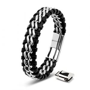 Bracelet en Cuir pour Homme SERASAR B013-23 Argent Bijoux élégants et à la mode cadeau parfait pour mari ou petit ami.