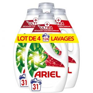 Ariel Lessive Liquide, 4 x 31 Lavages, +Ultra Détachant, Élimine Les Taches Incrustées, Même Après 7 Jours, Fabriqué En France
