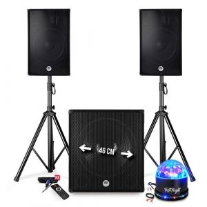 Bm sonic Pack sonorisation DJ PRESTATIONS 2700W- Enceintes DJ 15" + Caisson 18" + Pieds - USB/BLUETOOTH - Pack Jeux de lumières