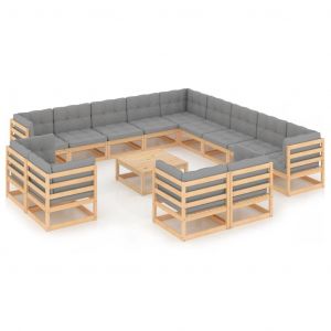 VidaXL Salon de jardin 14 pcs avec coussins Bois de pin massif Gris