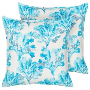 Beliani Lot de 2 Coussins Décoratifs Bleu et Blanc 45 x 45 cm à Motif de Corail Brodé en Coton Rockweed