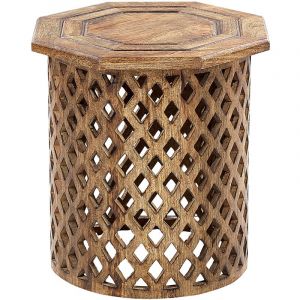 Beliani Table d'Appoint Teinte Sombre Dorée en Bois de Manguier Ronde à Base Ajourée Khanpur