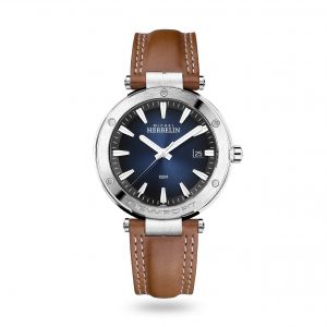 Michel Herbelin Montre Newport quartz cadran bleu bracelet cuir marron 40,5 mm