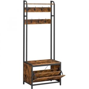 Meuble d’entrée avec banc 7 crochets et étagère marron rustique et noi