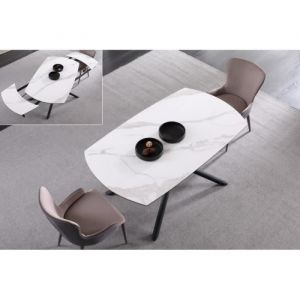 Meubler Design - Table à Manger Extensible Céramique Aspect Marbre Silam, Céramique Aspect Marbre, Métal, Ovale, Style Contemporain, 160 x 90 x 76 cm