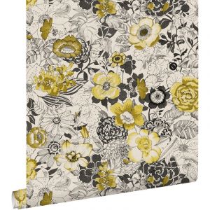 Estahome - papier peint fleurs jaune ocre et beige