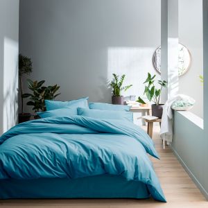 Matt & Rose Parure de lit unie en coton lav&eacute; Bleu Glacier 260x240+2x65x65cm